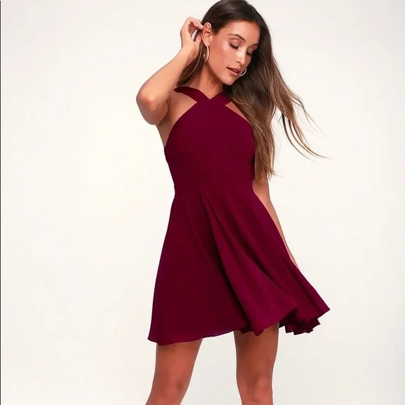 Lulus Chiffon Mini Skater Dress Burgundy Size Small Cocktail Fit & Flare - Picture 1 of 8